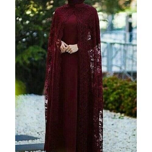 Mother Of The Bride Dresses with Long Lace Cape 2020 Long Sleeves Burgundy Muslim Caftan Women Wedding Party Dress Evening Gowns