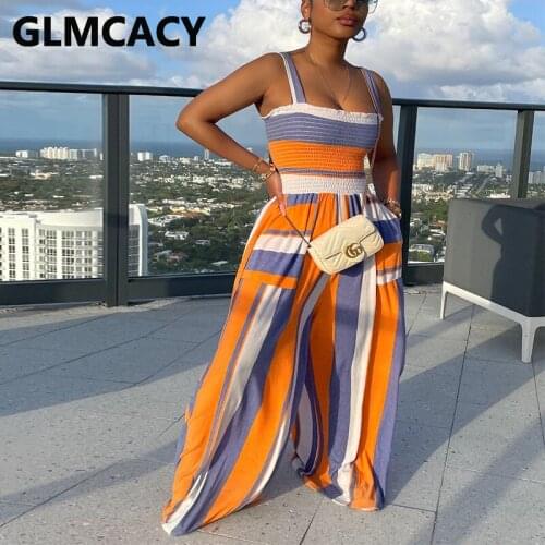 Spaghetti Strap Striped Bandeau Jumpsuit Wide Leg Loose Pants Overalls
