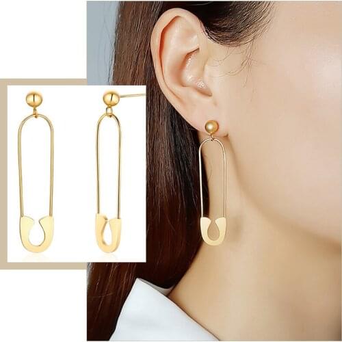 Chic Pin Shaped Dangle Earrings for Women Jewelry Minimalist OL Style Gold Color Stainless Steel Ear Fashion Party Gifts