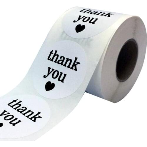 Thank you sticker label 2" white semi-gloss thank you sticker with black print 500 round sticker (2 inches)
