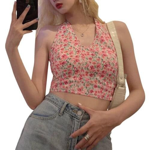 Sexy Women Floral Print Bandage Halter Tank Top Summer Sleeveless Backless Lace Up Crop Top Holiday Sweet Girls Casual Camis