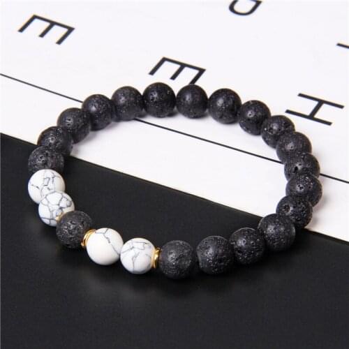 Vintage White Turquoises Howlite Stone Beads Bracelet 8mm Natural Black Lava Volcanic Beaded Bracelet Energy Jewelry Men Women