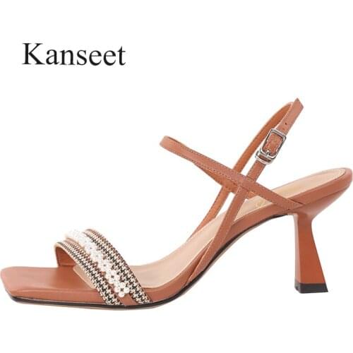Kanseet New Summer Hot Sale High Heels Sandals Women 2021 Pearls Bling Decoration Buckle Strap Open- Toed Brown Femlae Shoes
