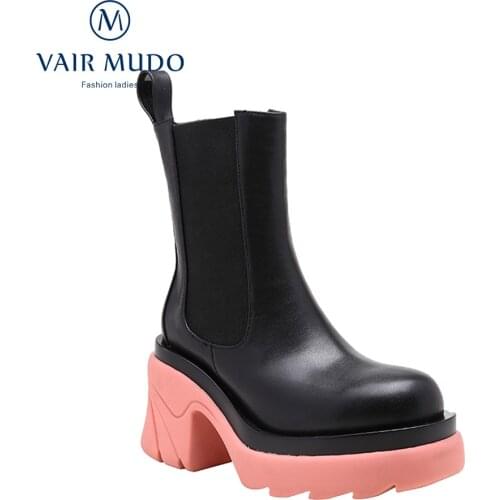 VAIR MUDO 2021 New Trend Boots Shoes HIgh Heels Spring/Autumn Concise Solid Round Toe Fashion Elegant Boot Female FootwearWM-X36