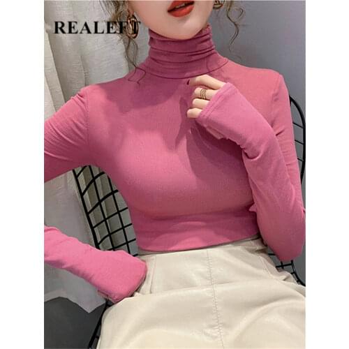 REALEFT Autumn Winter Velvet Thicken Knitting Womens Sweater 2021 New Solid Bottom Long Sleeve Minimalist Turtleneck Pullovers