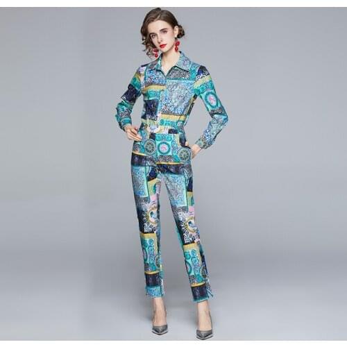 2021 Autumn Fashion Runway Set Women Elegant Long Sleeve Print Blouse + pocket Pants Suit Lady Office Two Piece Outfit