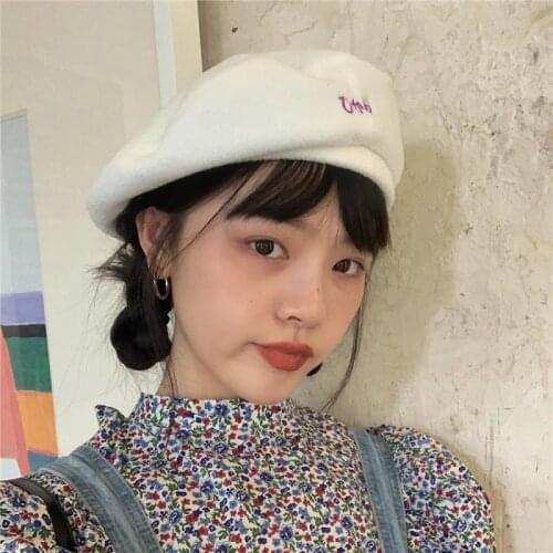 Hat Girl Soft Polar Fleece Beret Female Autumn/winter Wild Letter Embroidery Simple Painter Hat Bonnets for Women