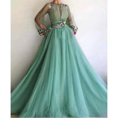 Long Tulle Embroidery 2021 Prom Dresses with Pockets Long Sleeves Formal Evening Dress Robe De Soiree