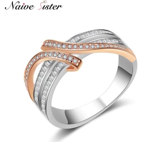 2 Tone Intertwined Crossover Statement Ring for Women Ladies Rose Gold Color Engagement Rings Love Gifts CZ Jewelry Fashion