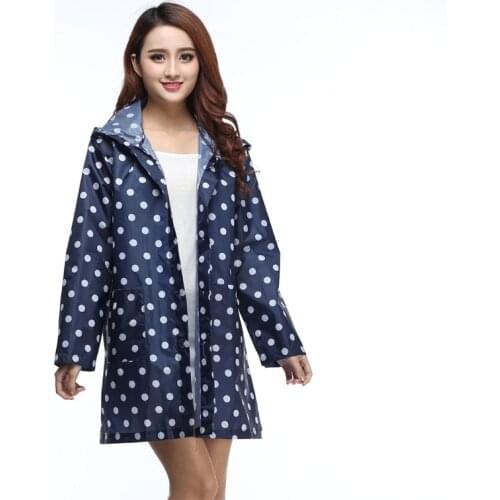 Outdoor Women Waterproof Riding Clothes Raincoat Poncho Pocket Polka Dot Hooded Knee Long Rainwear Nylon Lady Navy Blue Poncho