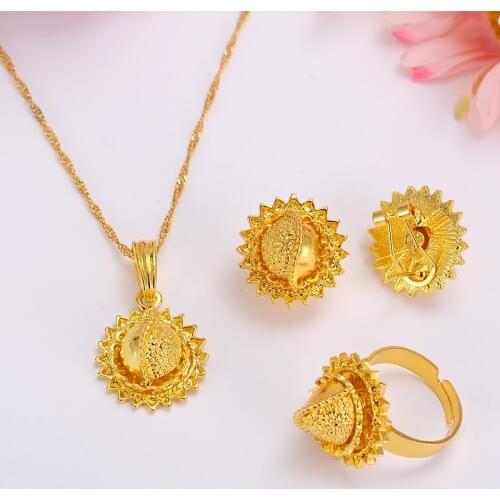 Gold Jewelry Sets Earrings Pendant nexklace chain Ring KenyaTraditional African bridal Habesha Women Party African wedding gift