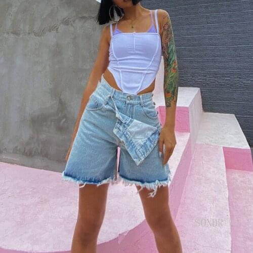 Fake 2 Piece Jean Shorts 2021 High Waist Shorts for Women Asymmetrical Patchwork Tassel Wide Leg Short Jeans Women Streetwear