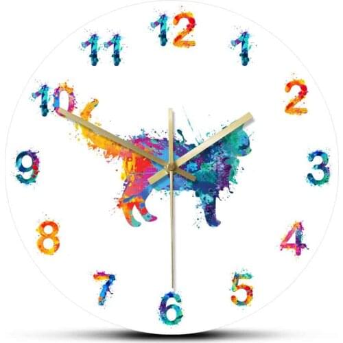 Bright Silhouette of a Cat Rainbow Splashes Acrylic Wall Clock Watercolor Numbers Decorative Silent Movement Wall Hanging Watch