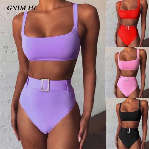 GNIM High Waist Bandeau Bikini Swimwear Women Push Up 2020 Sexy Backless Solid Brazilian Swimsuit With Belt Summer Bathing Suit