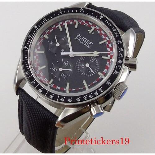 New Mechanical Automatic Men Watch Bliger 40mm Date Week Display Black Dial Mineral Glass Stainless Steel/Leather Band