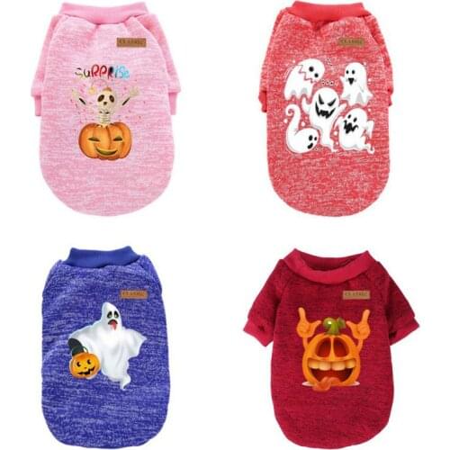 Halloween Warm Dog Clothes Puppy Pet Cat Clothes Sweater Winter Ghost Pumpkin Printed Jacket Coat For Small Dog Chihuahua Outfit