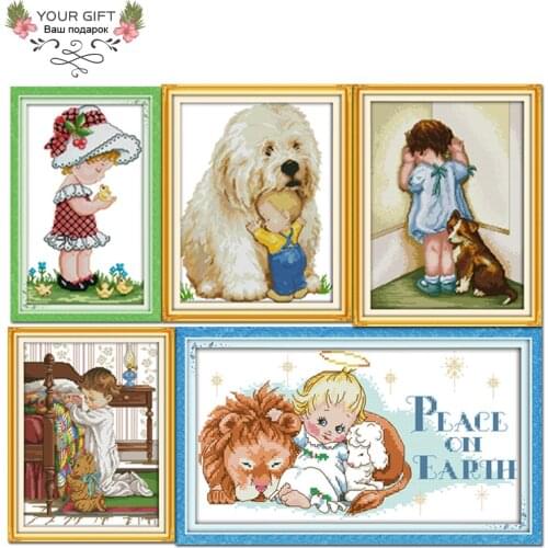 Joy Sunday R369R370R379R382R383 Counted and Stamped Home Decor Girl Dog and Baby Pray Beside the Bed Holly Angel Cross Stitch