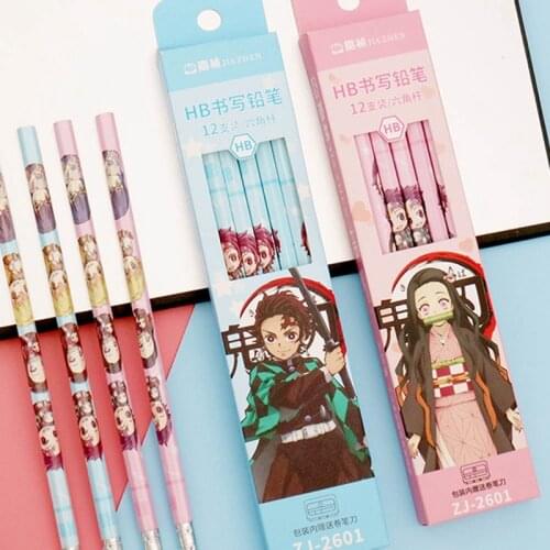 12 pcs/set Anime Demon Slayer Kimetsu No Yaiba HB Pencils Kawaii Cartoon Hexagon Pencils Students Writing Stationery Gift