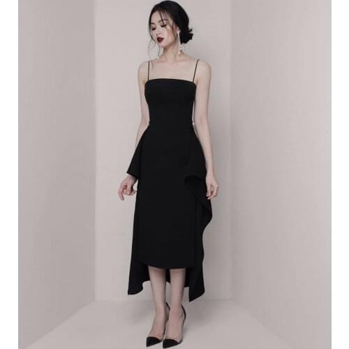 Luxurious Spring Summer Fashion Solid Spaghetti Straps Sheath Party Women Dress Sexy Black Irregularity Strapless Backless Dress