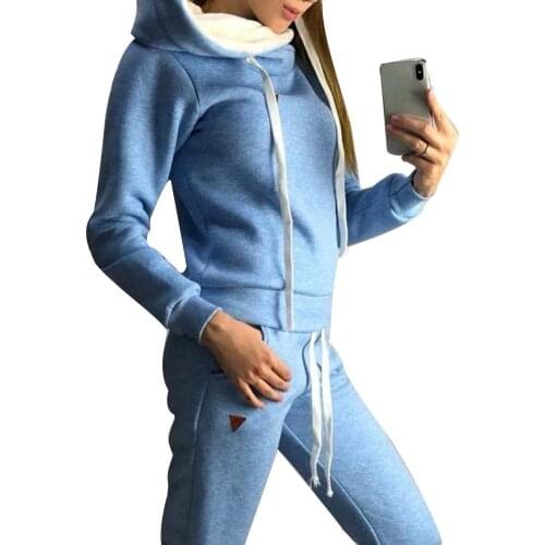 Sports 2Pcs Women Sets Jogging Suit Solid Color Tracksuits Fleece Lined Hoodies Pants Set Suit