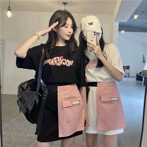 Preppy style short skirt suit female sets 2021 summer new Korean fashion printed T-shirt + patchwork skirt two-piece sets trend