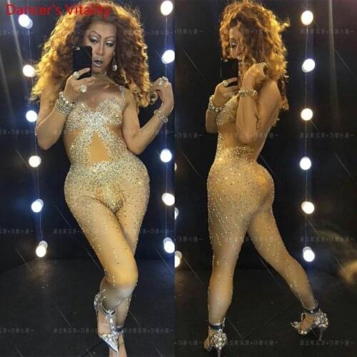 Nightclub Bar Sexy False Perspective Slap-up Handmade Rhinestone Long Body Suit DJ Pole Dance Women Singer DS Photography Clothe