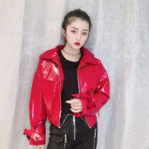 Autumn Chic Bow Faux Glossy PU leather jacket Women Black Red Motorcycle Biker jacket Streetwear Harajuku leather Outwear Female