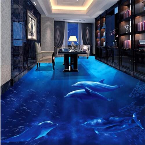 Custom 3d flooring PVC vinyl floor Dolphins 3D floor wallpaper waterproof self-adhesive PVC 3D wallpaper