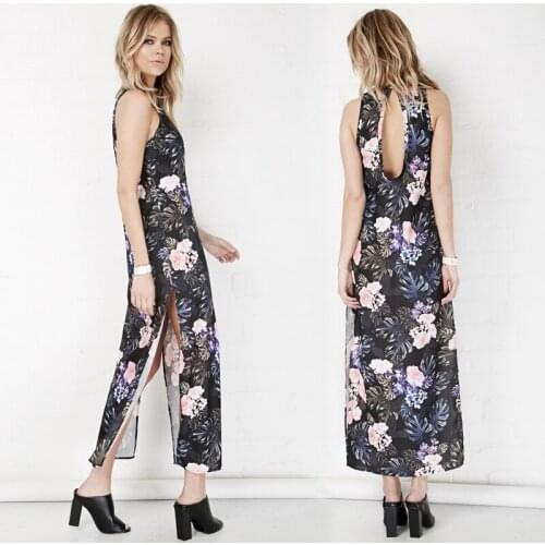 Summer Dress New Elegant Cheongsam Print Split One Button Open Back Chiffon Dress