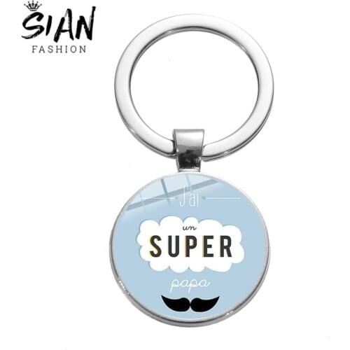 SIAN 2021 New Super Father Keyring Je t'aime Papa Quote Glass Art Picture Keychain Car Key Chain for Fathers Day Gift Jewelry