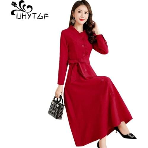 UHYTGF Spring dress women Long sleeve casual noble long dresses Solid color Standing collar bandage dress vestidos de fiesta 372