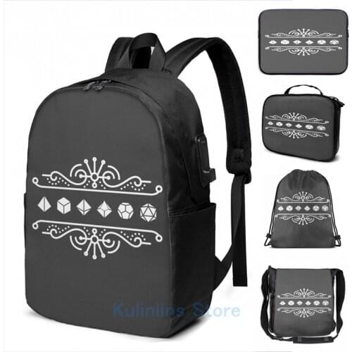 Funny Graphic print Ornamental Dice Set of Necromancer Tabletop RPG Gaming USB Charge Backpack men School Travel laptop bag