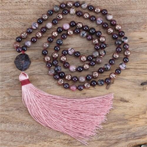 Yoga Women Garnet Rhodonite Rose Gold Lava 108 Mala Beads Necklace With Blush Pink Tassel Meditation Jewelry Gifts Dropshipping