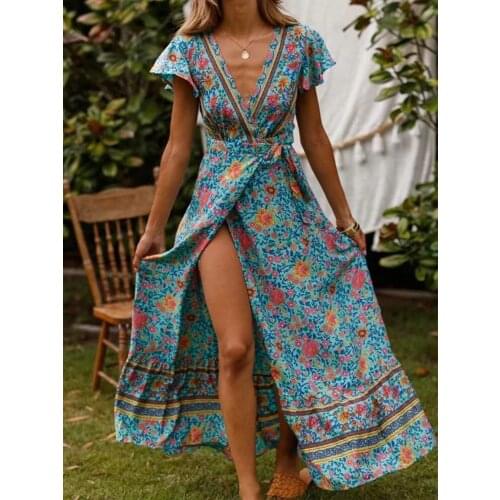 2021 Summer Womens Fashion Bohemian V-Neck Dress Short-sleeved Belt Beach Holiday Dresses Elegant Floral Printed Maxi Sundress