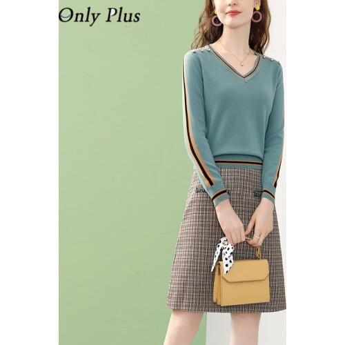 Only plus Woolen Dress Women Elegant knited Thick Long Sleeve Patchwork Two Piece Plaid Party Knee Winter Dress A-line 2021