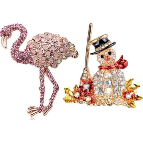 2pcs/set Creative Rhinestone Flamingo Badge Kawaii Snowman Animal Shape Pins Metal Lapel Brooches Clothing Jacket Decor Gift