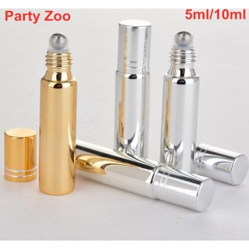 500 X 5ml/10ml Portable Travel Gold/Silver UV Coating Glass Roller-on Bottle With Line Screw Lid For Empty Essential Oils Jar