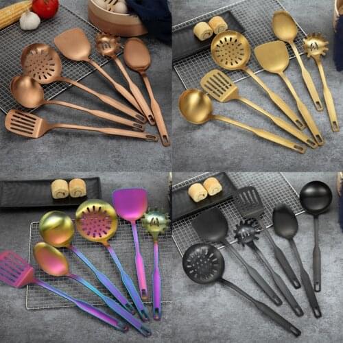 6pcs/set Kitchen Tools Stainless Steel Gold Rainbow Long Handle Soup Spoon Turner Spatula Cookware Cooking Tools