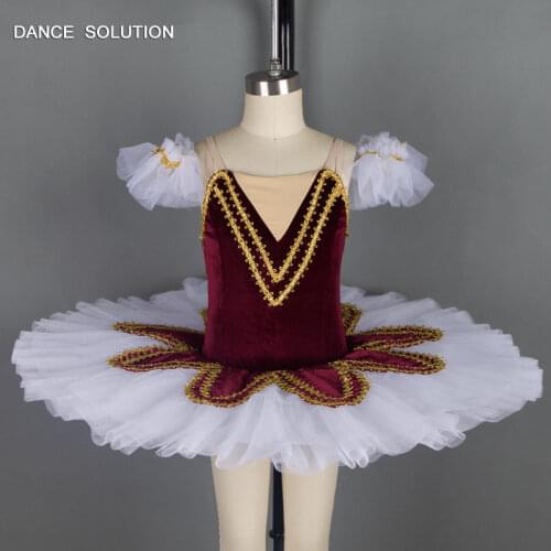 Burgundy Stretch Velvet Bodice with Gold Trim Pancake Tutu Women & Children Stage Show Pre-professional Ballet Costume BLL038