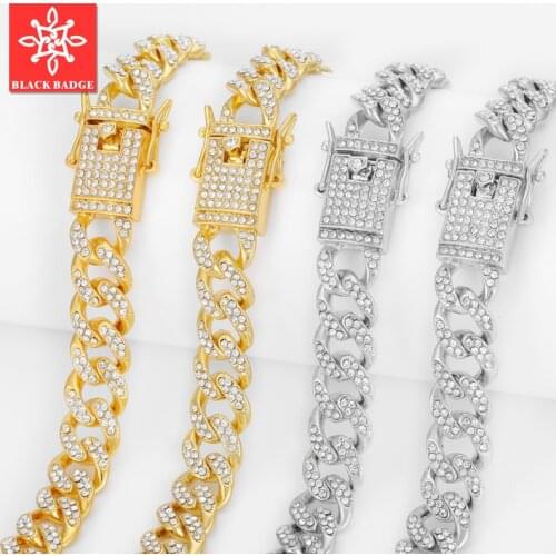 Hip Hop Jewelry Miami Curb Cuban Chain Necklace For Men Iced Out Paved Rhinestones CZ Rapper Necklace