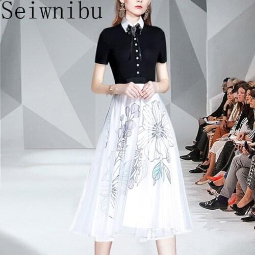 Elegant Knitted Patchwork Mesh Midi Dress 2020 Spring Summer Fashion Women Short Sleeve Ethnic Retro Printing Pleated Bow Dress