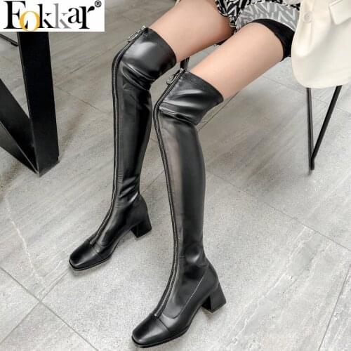 Eokkar 2021 Cow Leather Shoes For Women Over The Knee High Boots Square Toe Stretch Thigh High Boots Sexy Winter Women Boots
