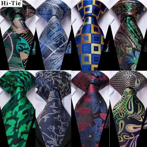 Hi-Tie Gold Blue Teal Novelty Design Silk Wedding Tie For Men Quality Hanky Cufflink Set Fashion Nicktie Business Dropshipping