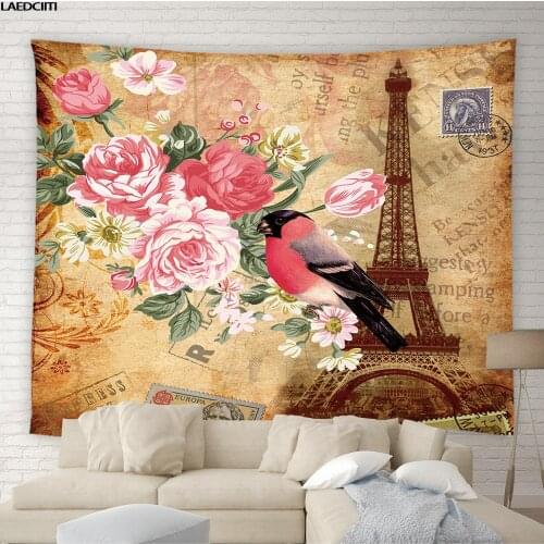 Retro Hippie Aesthetics Tapestry Iron Tower Building Flowers Bird Design Wall Hanging Cloth Living Room Bedroom European Decor