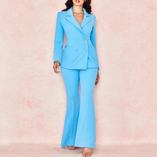 Blue Double Breasted Women Suits Blazer with Wide Pants Suits Set Long Sleeve Suit Women Jacket Suits Ladies Customize Made