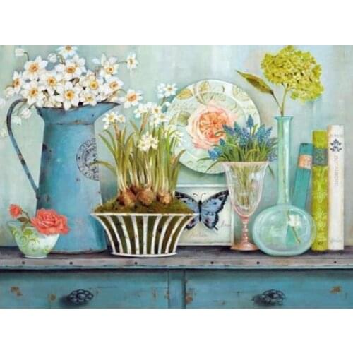 DIY Round Diamond Painting Flowers Home Decor Picture Of Rhinestone Full Square Mosaic Diamond Embroidery Vase Cross Stitch