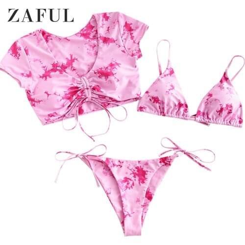 ZAFUL Tie Dye Cinched Three Piece Swimsuit Women Removable Padded Bikini Sets Low Waisted String Swimwears Sexy Bikini 2020