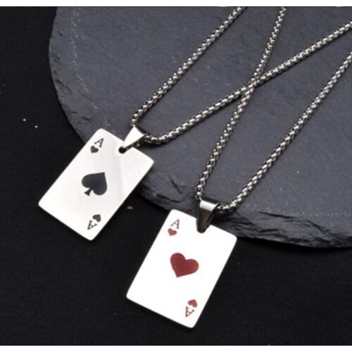 Red spades heart A playing card pendant stainless steel chain necklace mens hip-hop accessories jewelry tarot card necklace