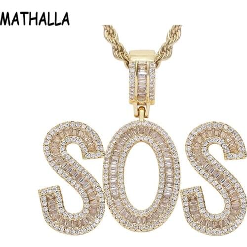 MATHALLA New AAA+ Cubic Zircon CZ Alphabet letters Name Pendant Custom Name Letter Necklace Brass Mens Hip Hop Jewelry