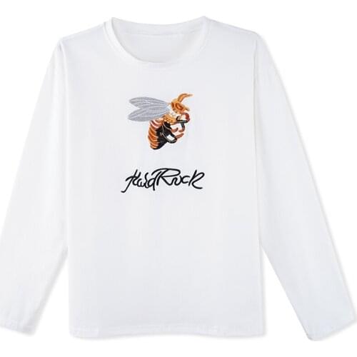 Fashion Korea Style Bee Embroidery Long Sleeve Casual T-shirt Tops Women Shirt White Cotton Tee Female Loose T shirt